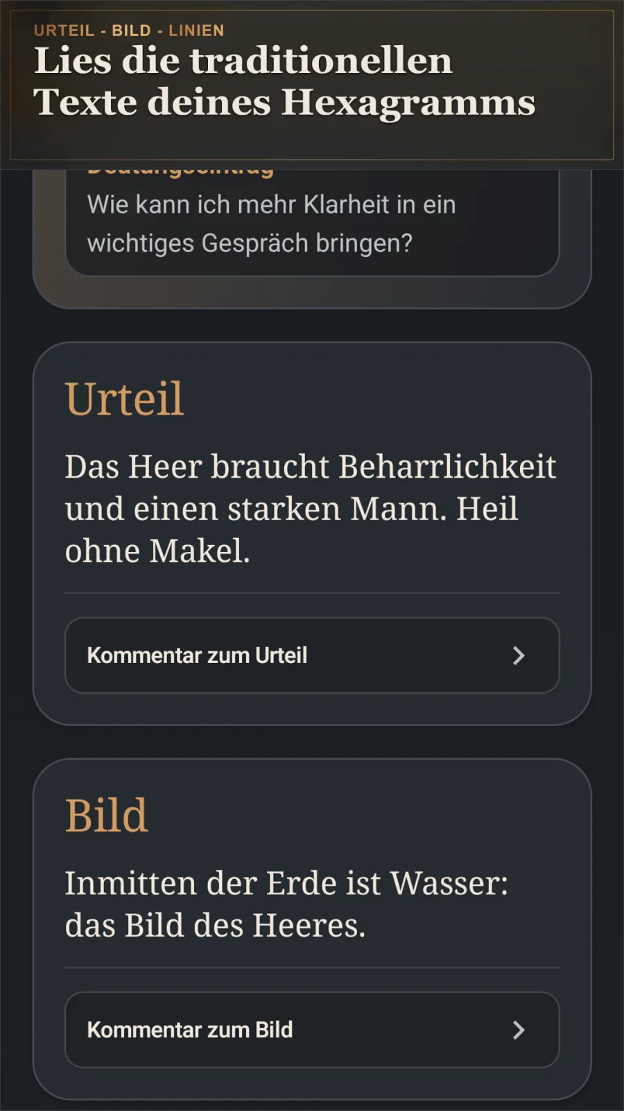 Traditionelle Texte von Urteil und Bild in I Ching Dialogue