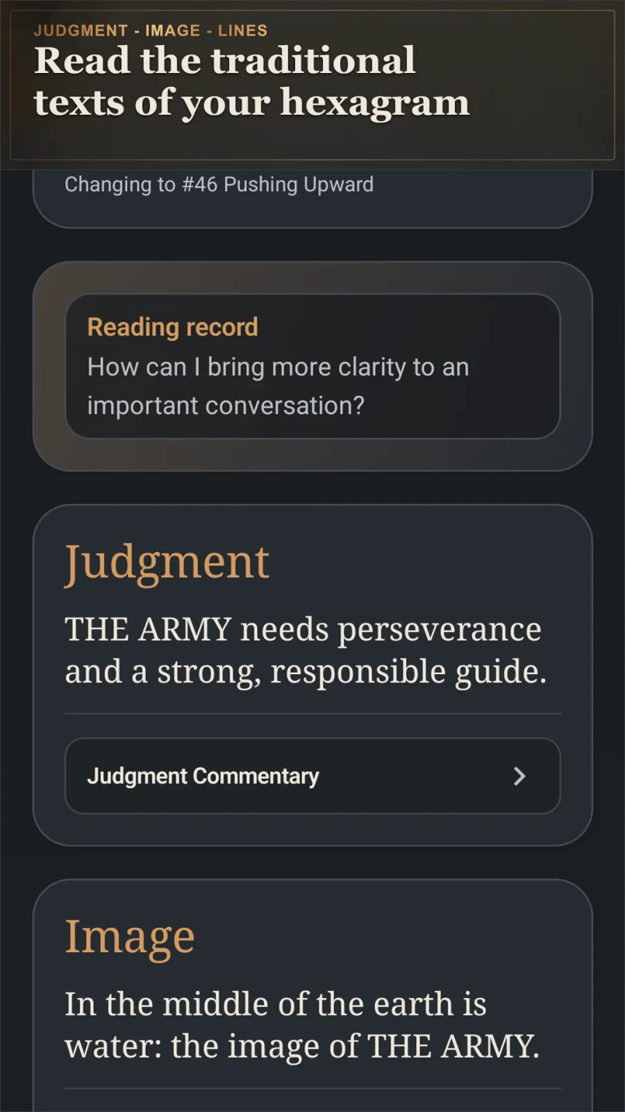 Traditional Judgment and Image texts in I Ching Dialogue