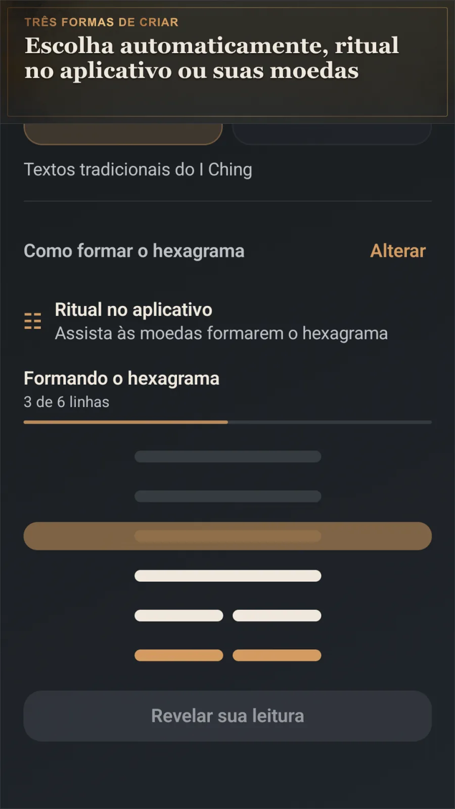 O ritual de moedas no aplicativo construindo um hexagrama do I Ching
